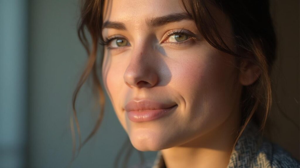 Portrait de jeune femme aux yeux perçants et expression réfléchie