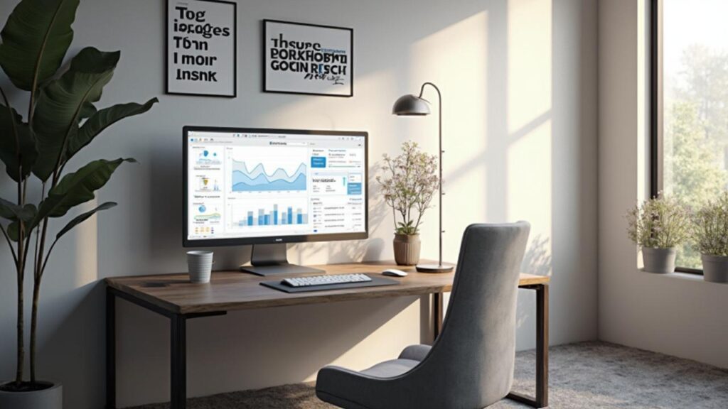 Bureau de travail avec un écran d'ordinateur affichant des graphiques et des données