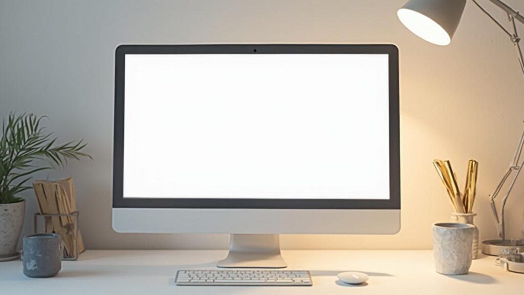 Bureau de travail avec écran d'ordinateur, clavier et souris, lampe de bureau et plante décorative.
