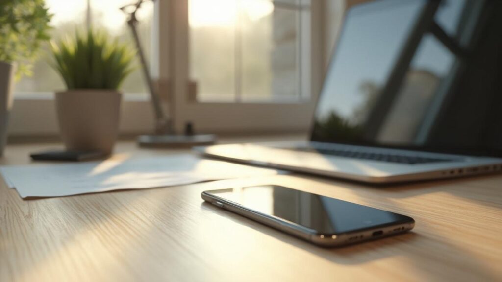 Photo d'un bureau de travail avec un ordinateur portable, un smartphone et des documents