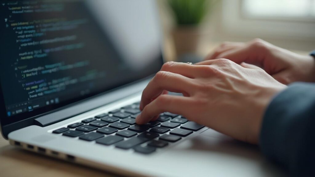 Mains tapant sur le clavier d'un ordinateur portable, affichant du code sur l'écran.