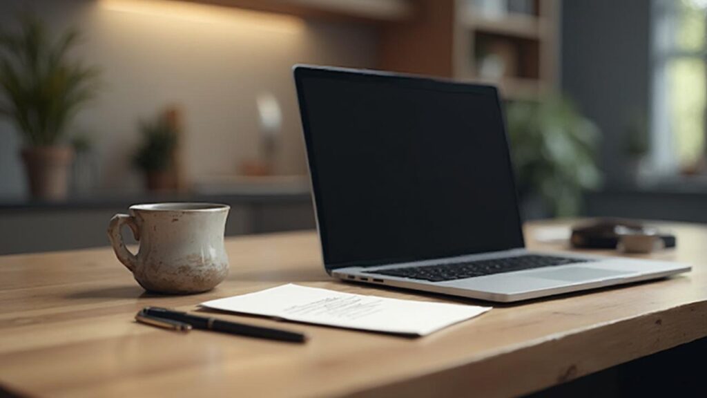 Ordinateur portable sur un bureau en bois avec une tasse et des documents