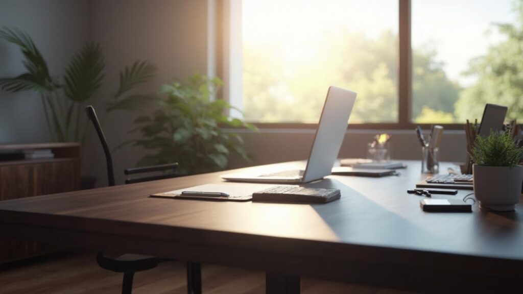 Bureau en bois avec ordinateur portable, plantes et vue sur l'extérieur
