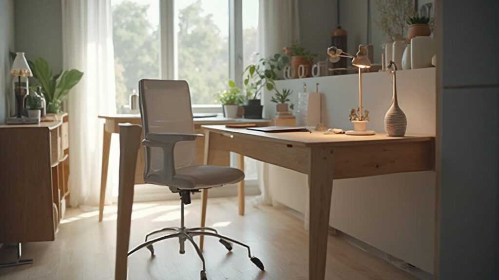 Bureau en bois avec chaise pivotante dans un bureau lumineux avec plantes