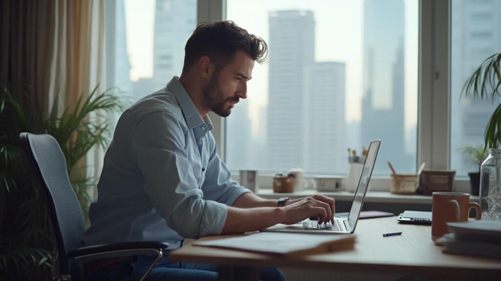 Un homme barbu en costume gris travaillant sur ordinateur portable