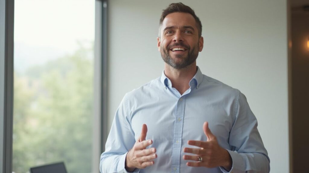 Homme d'affaires souriant en chemise bleue dans un bureau