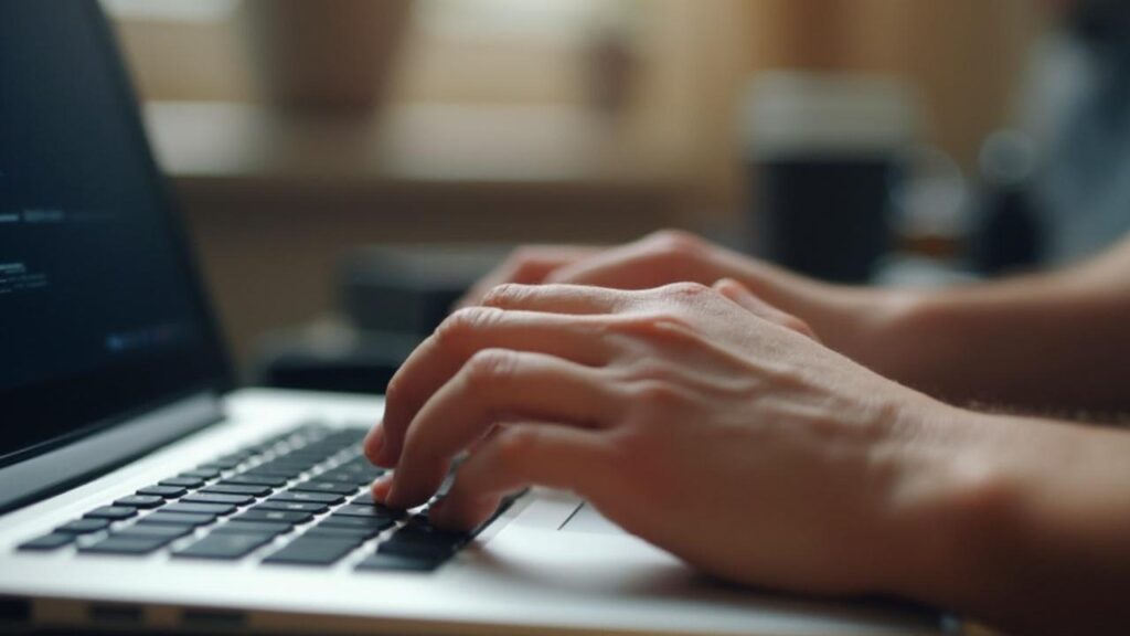 Gros plan des mains tapant sur un clavier d'ordinateur portable