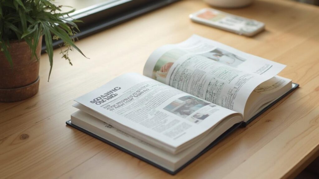 Un magazine ouvert sur un bureau avec un téléphone portable à proximité.