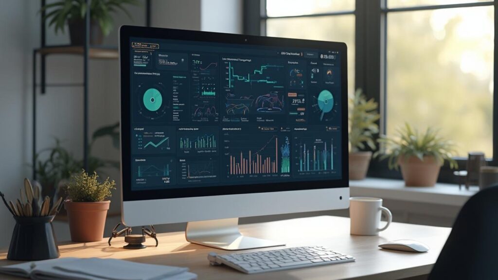 Image d'un écran d'ordinateur affichant un tableau de bord avec des graphiques et des données d'entreprise